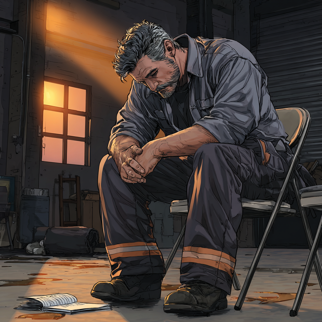 A middle-aged man in work clothes sits alone in a dimly lit garage, head bowed and hands clasped, with a notebook on the ground beside him and dawn light streaming in—symbolizing emotional exhaustion and the beginning of personal change.