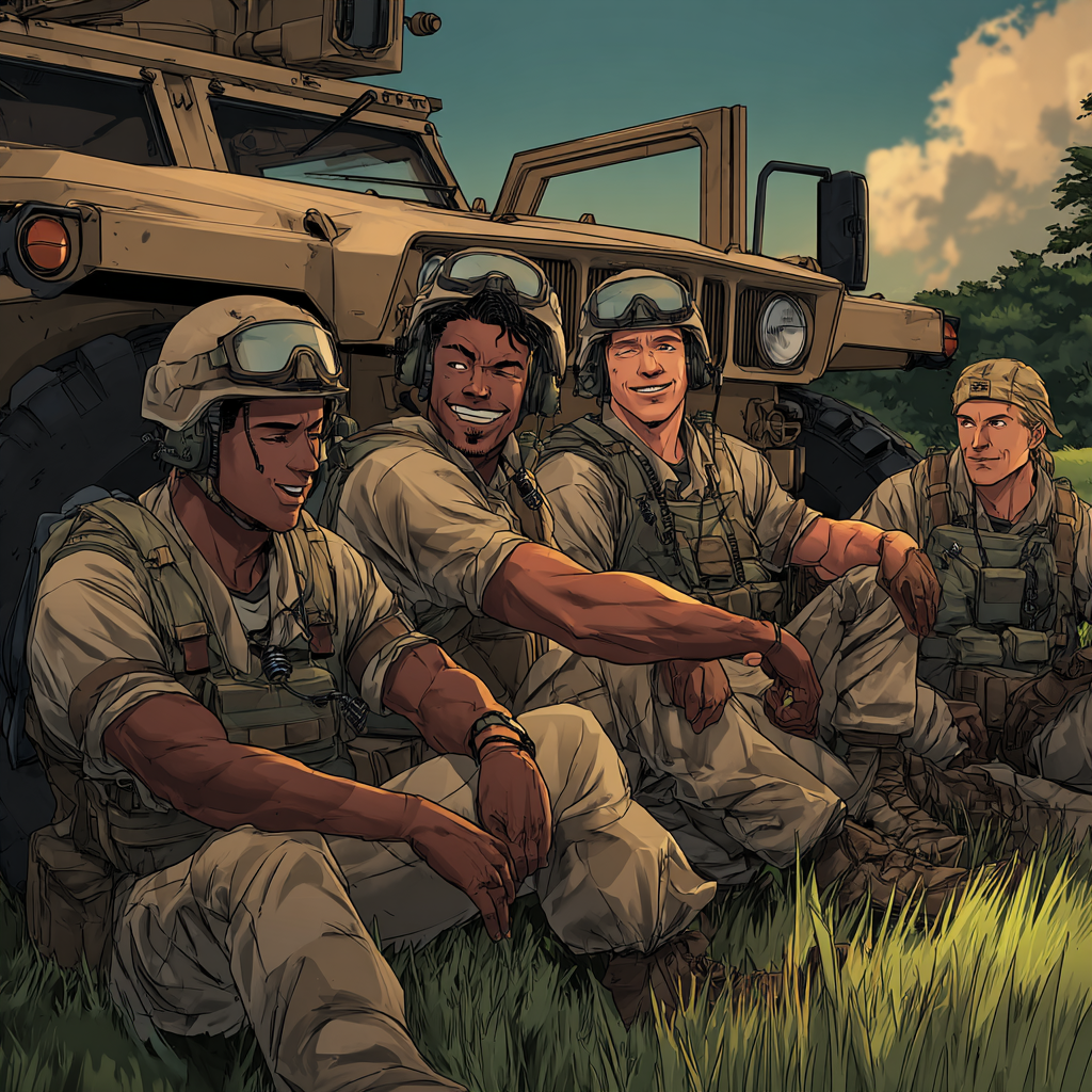 A group of young soldiers in combat gear laughing together while resting beside a military vehicle, symbolizing camaraderie and the use of dark humor to cope with stress.