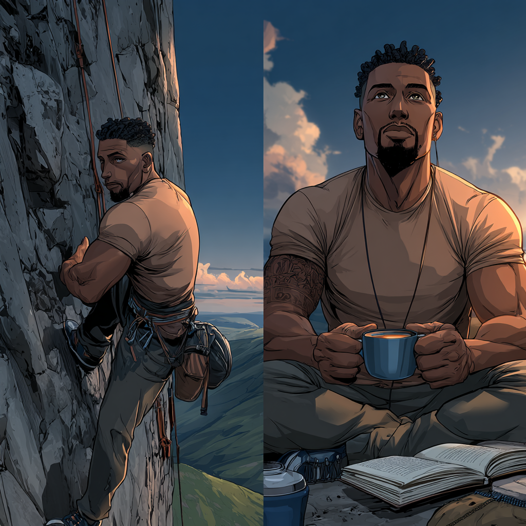A split image showing a muscular, bearded man skillfully climbing a steep rock face on one side, and calmly resting with a cup of coffee and an open journal on the other side, symbolizing the balance between approaching and avoiding challenges for personal growth.
