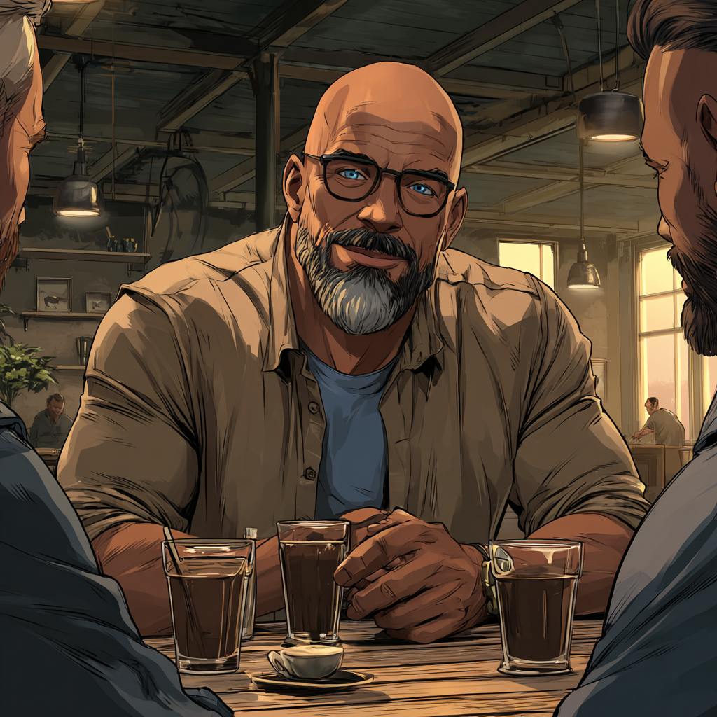 Middle-aged bald bearded man with blue-grey eyes enjoying coffee and deep conversation with friends in a warm, inviting café setting.