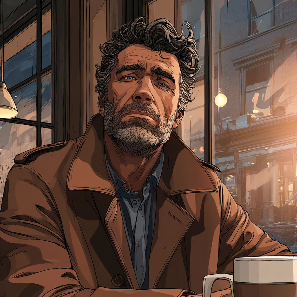 A weathered middle-aged man in a trench coat sits alone in a coffee shop, staring solemnly ahead, with soft urban evening light streaming through the window behind him.