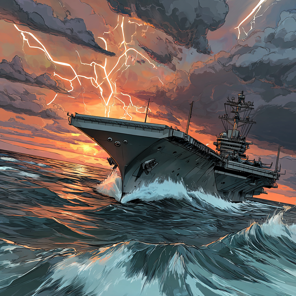 Aircraft carrier turning in stormy seas at sunset with lightning in the sky, symbolizing powerful small shifts and resilience.