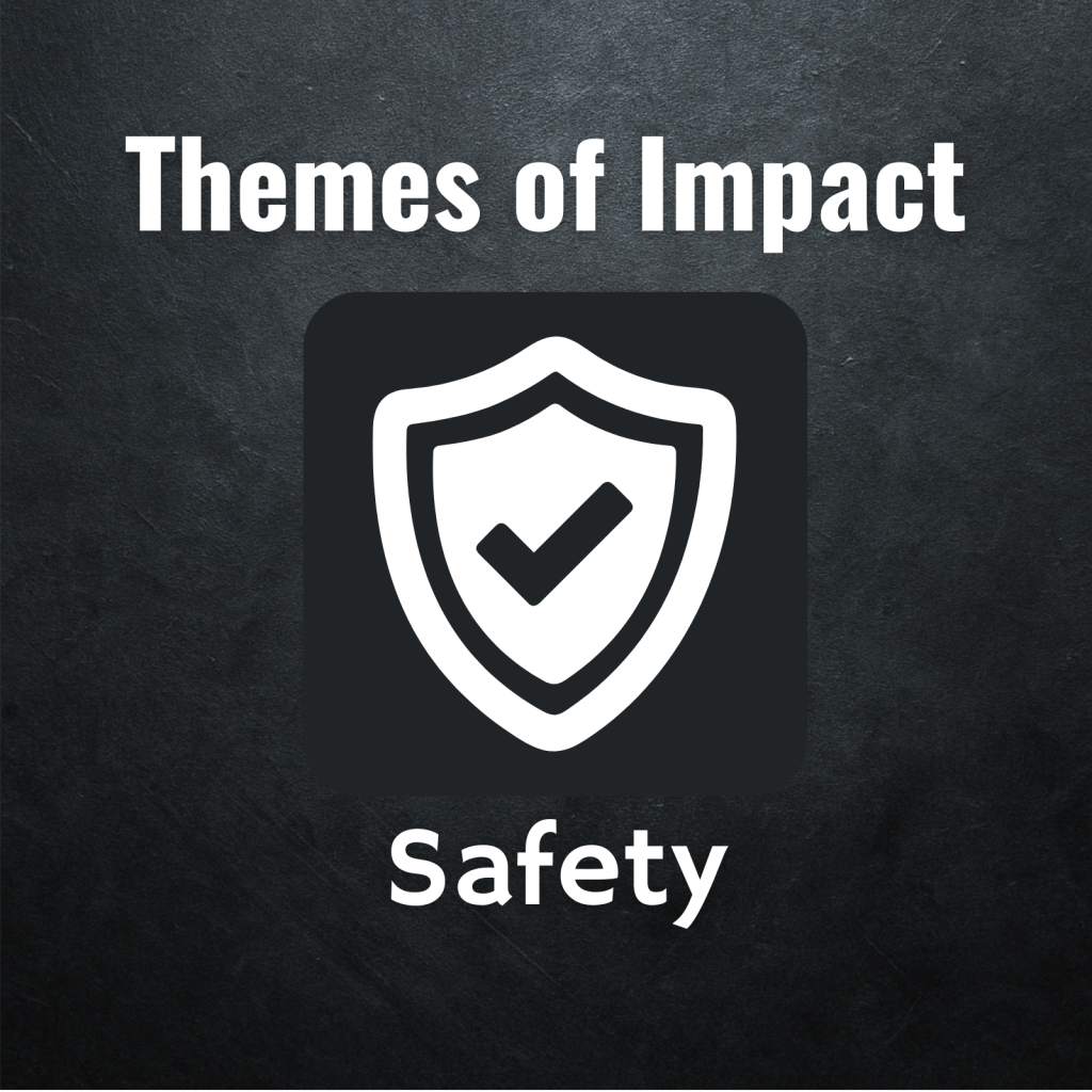 Shield with checkmark icon representing safety in trauma recovery, part of Themes of Impact series