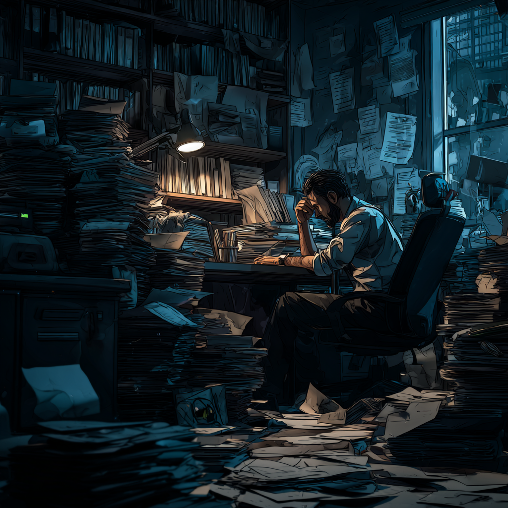 A stressed man sits at a cluttered desk surrounded by towering piles of papers and files, symbolizing the mental weight of unmade decisions.