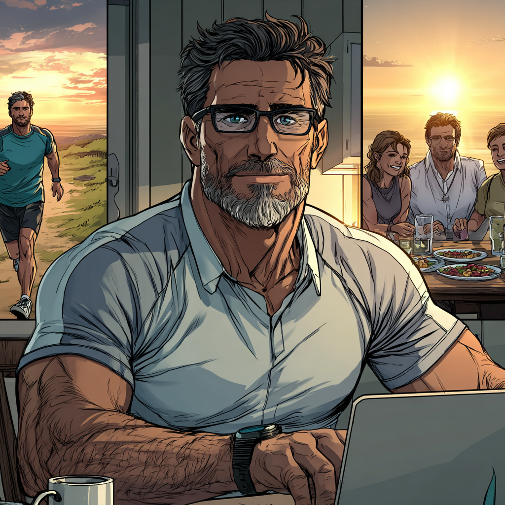 A three-panel comic-style illustration of a middle-aged man’s day: stretching outdoors at sunrise, working at a desk during the day, and having dinner with family at sunset. The image reflects physical, mental, and emotional balance.