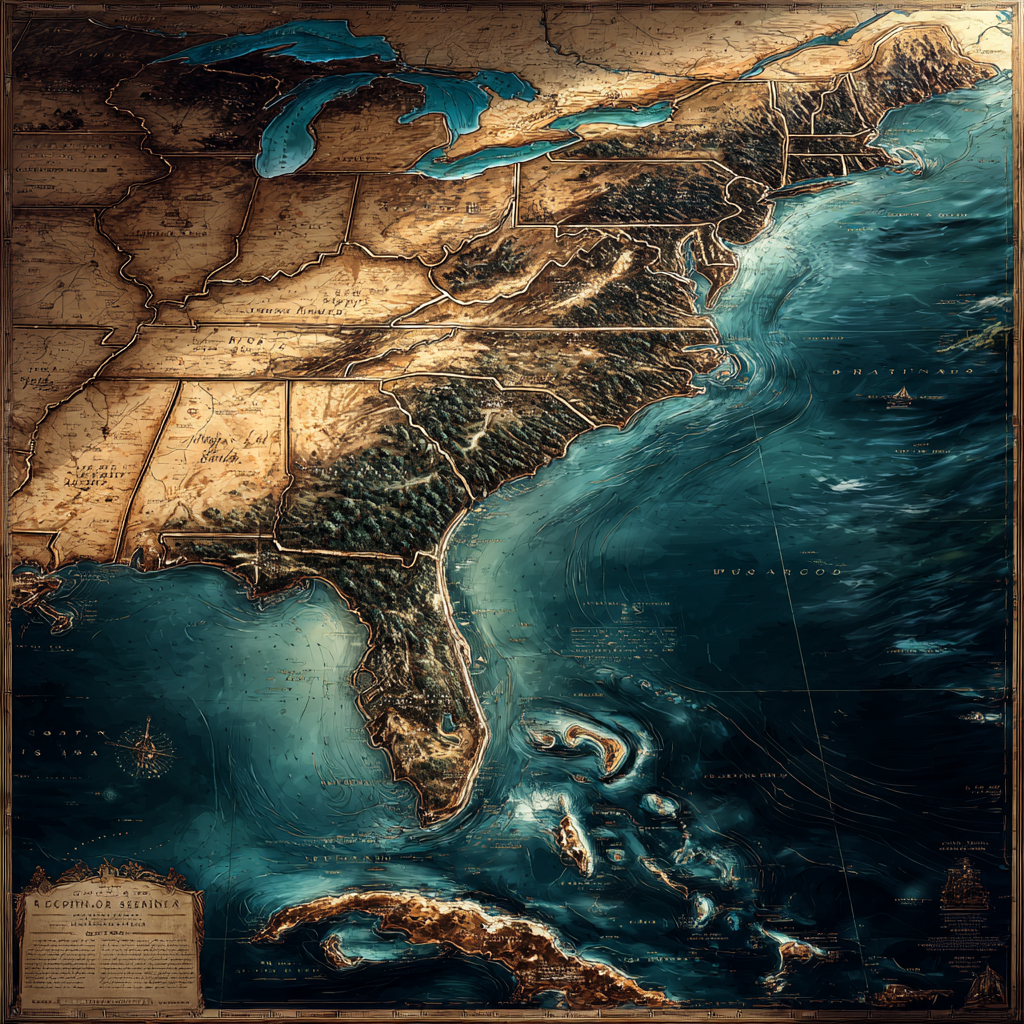 Vintage style map of the U.S. East Coast highlighting Charleston and Florida, symbolizing the urge to move and search for new places.