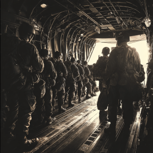 A group of paratroopers standing inside a military aircraft, preparing to jump, symbolizing structure, purpose, and discipline from military service.