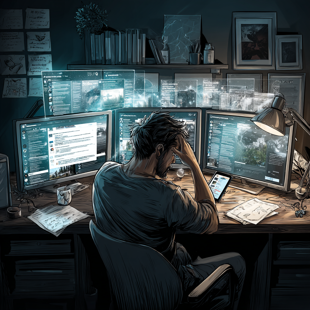 Man sitting at a desk surrounded by multiple monitors and digital feeds, symbolizing information overload and the need for cognitive defense against online manipulation.