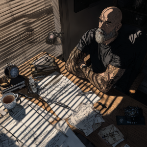 A bald, bearded middle-aged man with blue-grey eyes sits at a desk covered in notes and papers, sunlight casting lines through window blinds, symbolizing reflection, discipline, and balance between urgency and purpose.