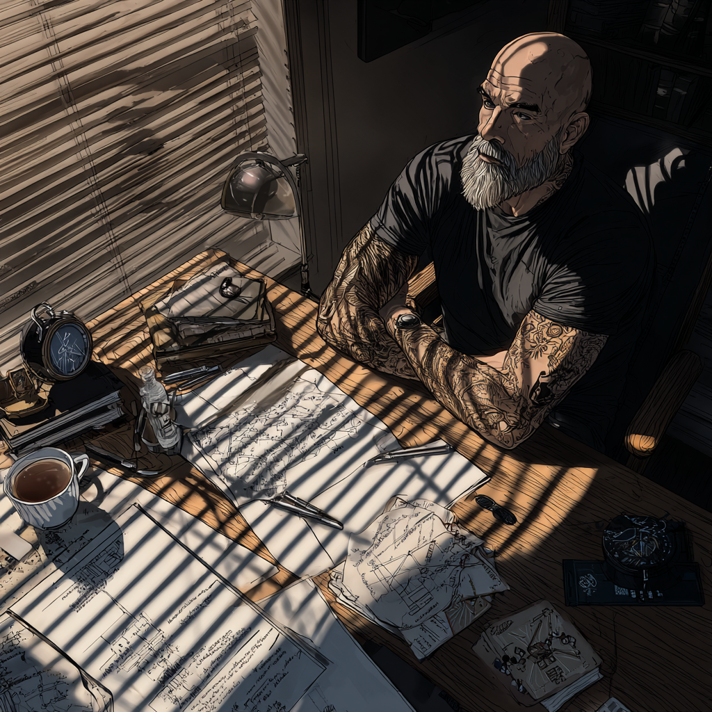 A bald, bearded middle-aged man with blue-grey eyes sits at a desk covered in notes and papers, sunlight casting lines through window blinds, symbolizing reflection, discipline, and balance between urgency and purpose.