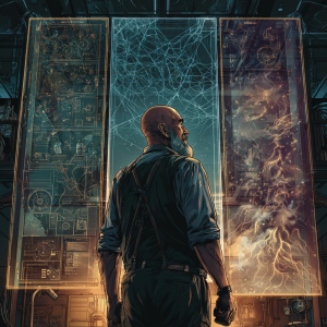 A bald bearded man studies three glowing transparent panels, each representing a different type of problem — mechanical blueprints for complicated systems, neural networks for complex systems, and swirling chaos for wicked problems.